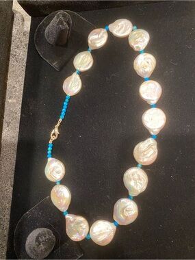 Baroque Freshwater Pearl Necklace with Bright Turquoise Beads